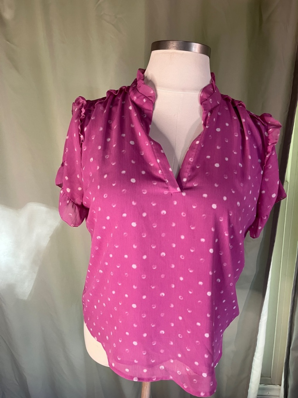 J. Crew Pink Polka Dot Ruffle Neck Blouse